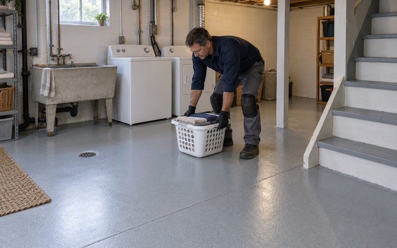 A laundry basket set down on a new light gray epoxy basement floor in an older Moline house, the floor drain left open in the coating.