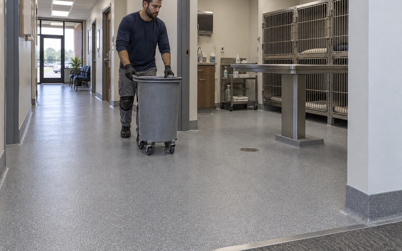 A mop bucket rolled down the new quartz-textured epoxy floor of a veterinary clinic corridor in Moline, the coved base at the wall.