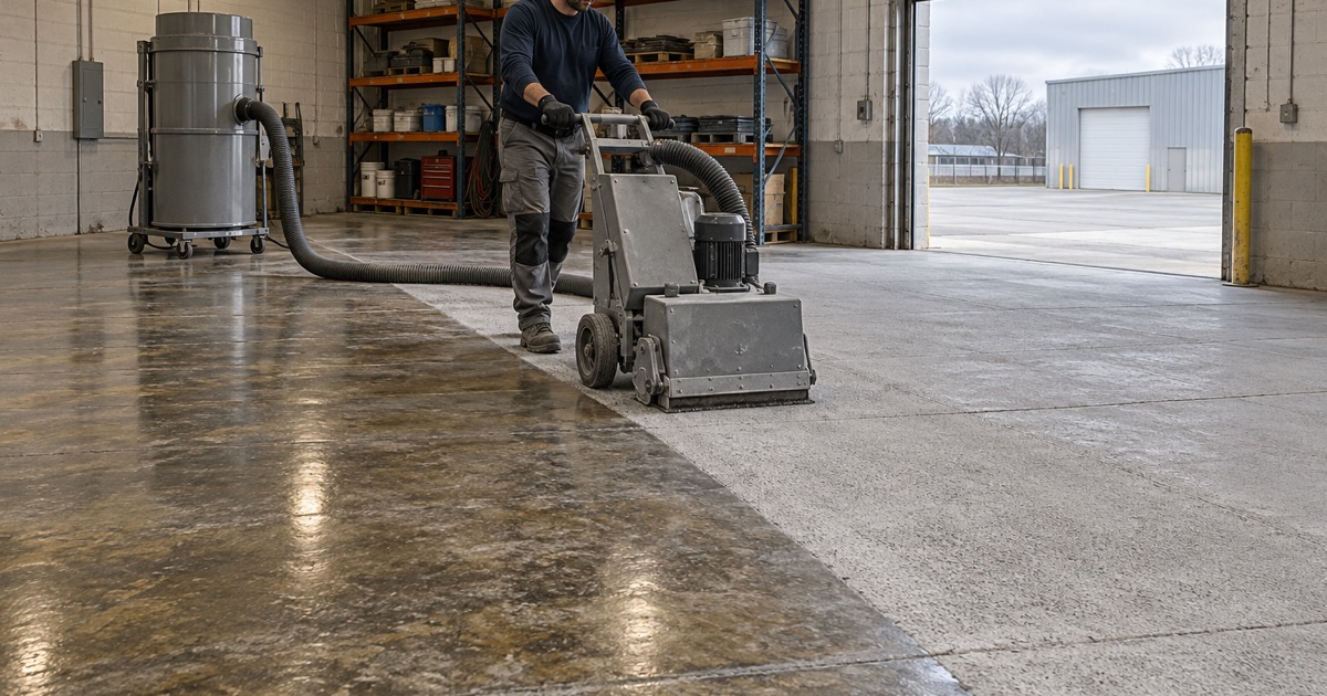 A walk-behind shot blaster stripping an old sealer off a light industrial slab in Moline, the blasted lane beside the shiny old surface.