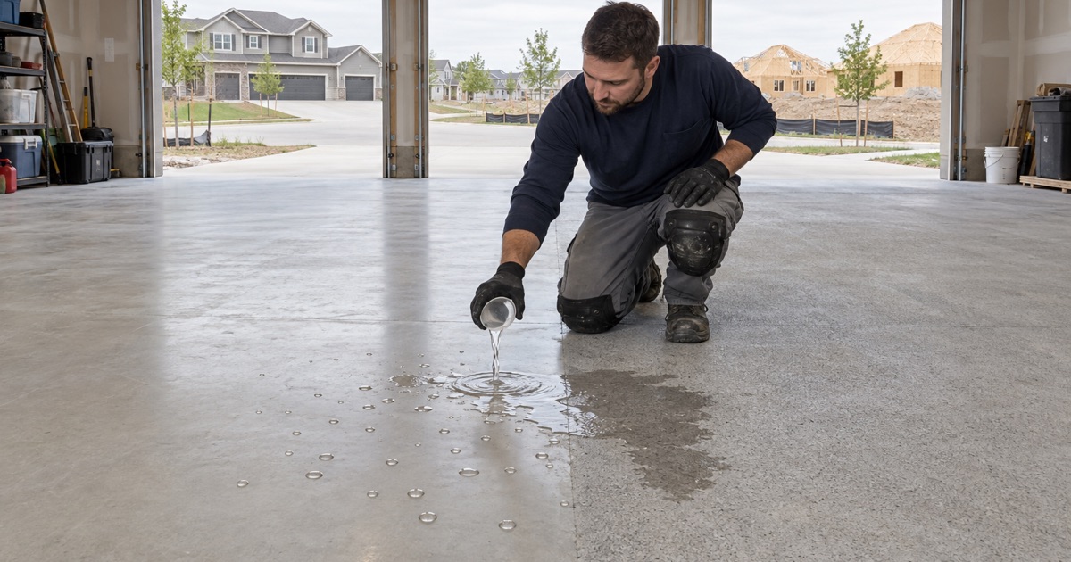 Water poured on a new Bettendorf garage slab beading on the builder-sealed half and soaking into the ground half before coating.