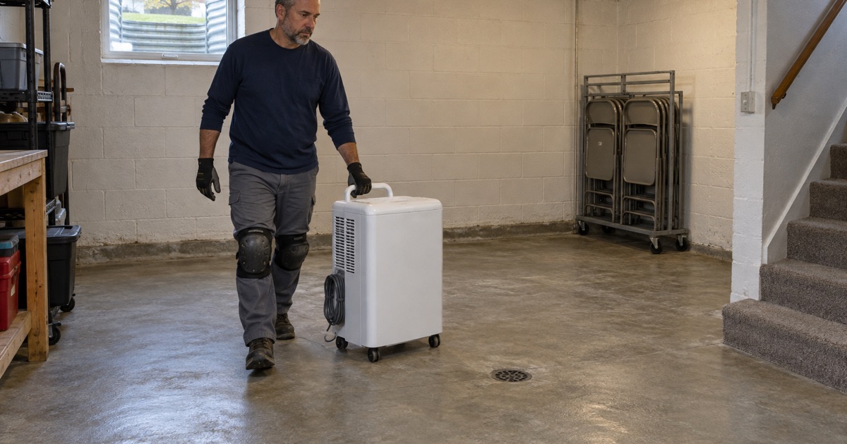 A dehumidifier rolled into a below-grade room of a 1960s ranch house in Camanche, Iowa, before any floor is chosen.