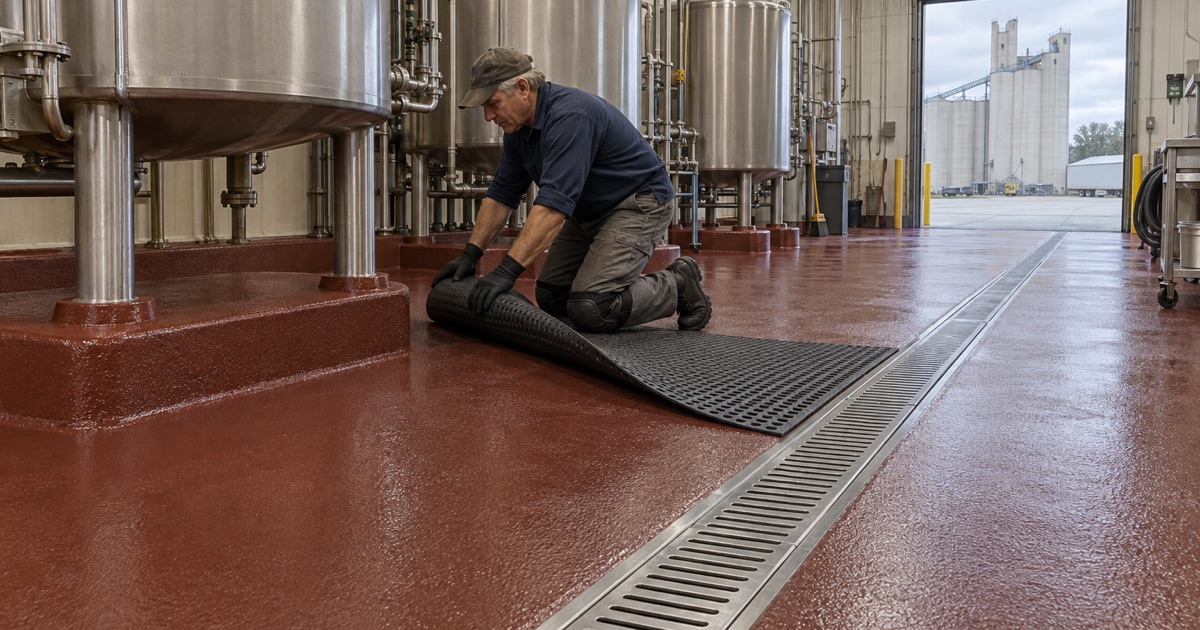 A rubber floor mat rolled back to show a chemical-resistant coated process floor in a Clinton, Iowa, food ingredient plant.