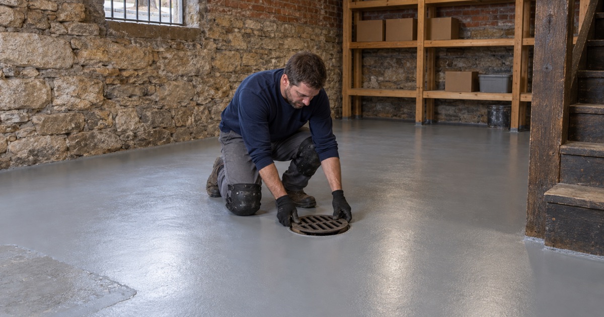 A floor drain grate set back flush into a newly coated basement floor under an older downtown Davenport brick building in the dry season.