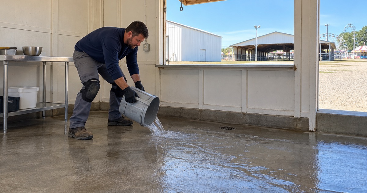 A bucket of water poured on the bare concrete floor of a fairground food stand in DeWitt, Iowa, running toward the floor drain.