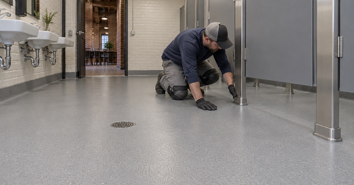 A seamless gray floor with an integral cove base in a restroom block inside a converted brick factory building in East Moline.