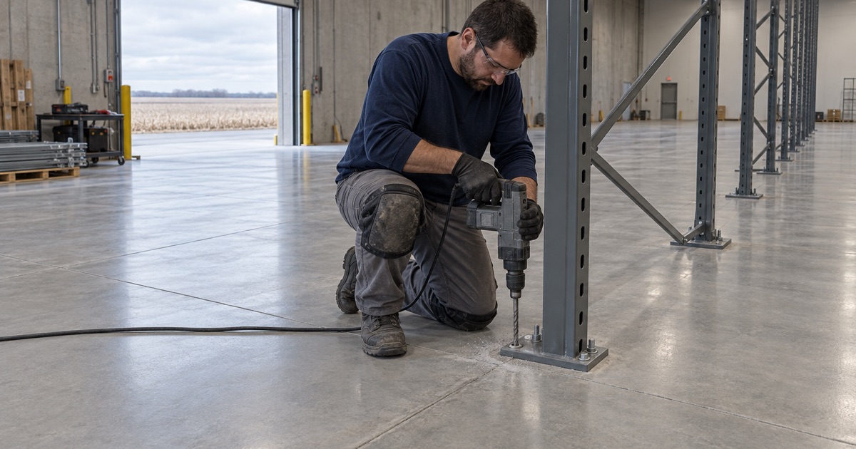 An anchor hole drilled through a coated slab at a pallet rack base plate in a new spec warehouse in Eldridge, Iowa.