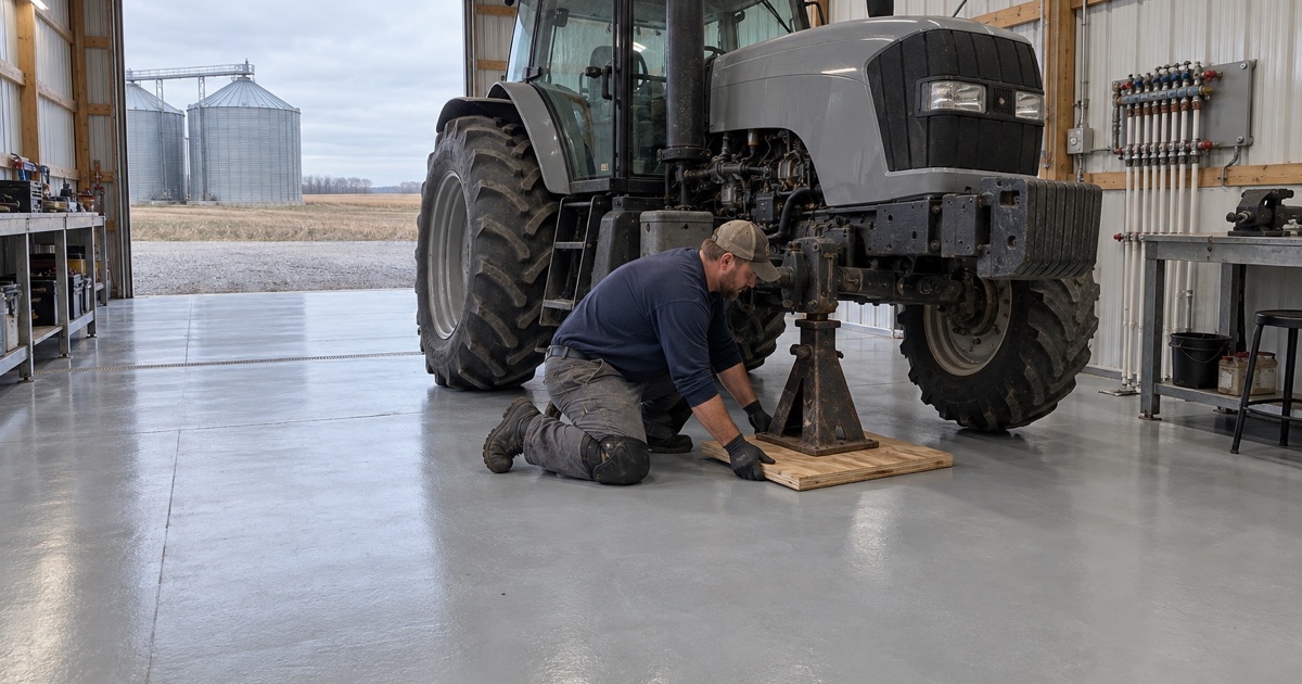 A plywood pad set under a tractor jack stand on the coated floor of a heated farm shop near Geneseo, Illinois.