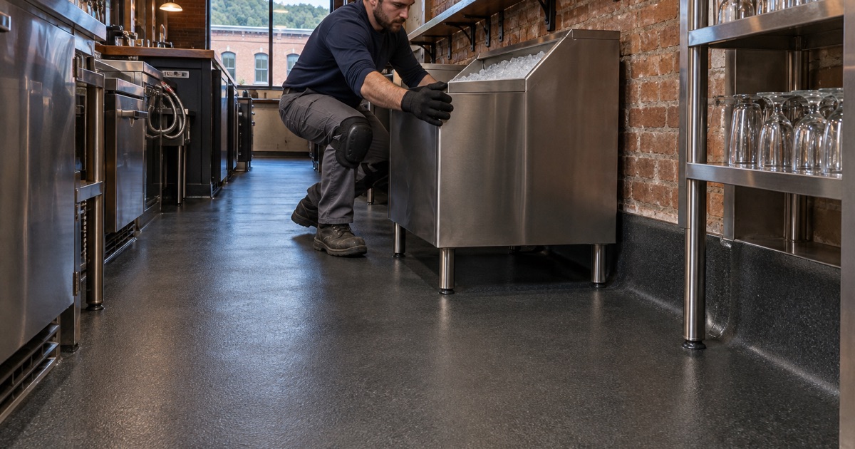 A stainless ice bin slid back along a new integral cove base behind the bar of a small tasting room on Le Claire’s main street.