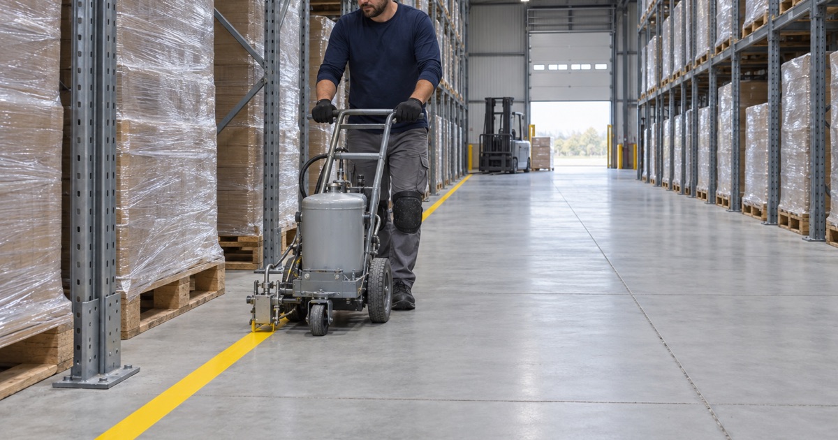 A yellow aisle line laid by a walk-behind line striper on a ground, primed warehouse floor in Milan, Illinois, racking beside the aisle.