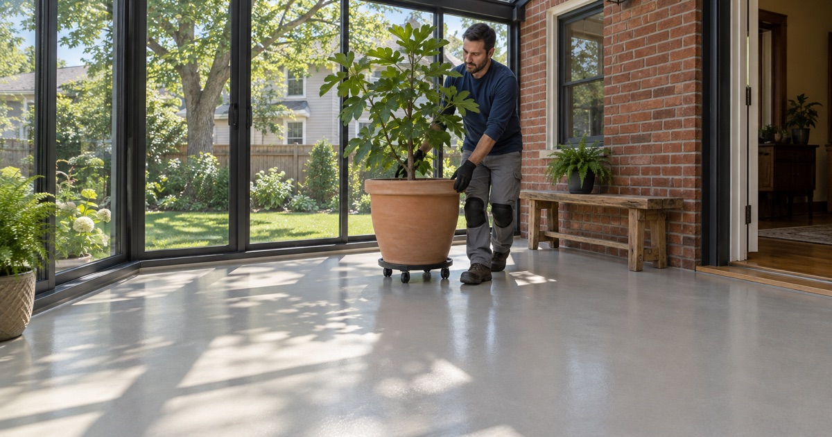 A large planter wheeled across a light gray epoxy floor in a glass-walled sunroom of an older Rock Island brick house.