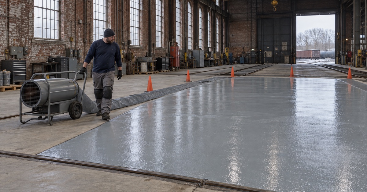 An electric warm-air heater wheeled into a huge old brick locomotive shop in Silvis, Illinois, to hold the floor at cure temperature.