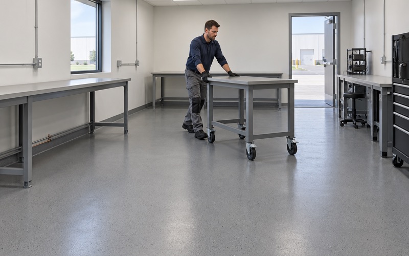 A static-safe workbench wheeled into place on a new static-dissipative epoxy floor in an electronics room in Moline.