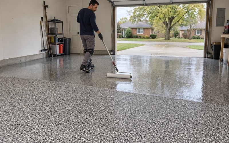 A clear topcoat being rolled over a scraped gray and black flake floor in a Moline ranch house garage, the worker in spiked shoes.