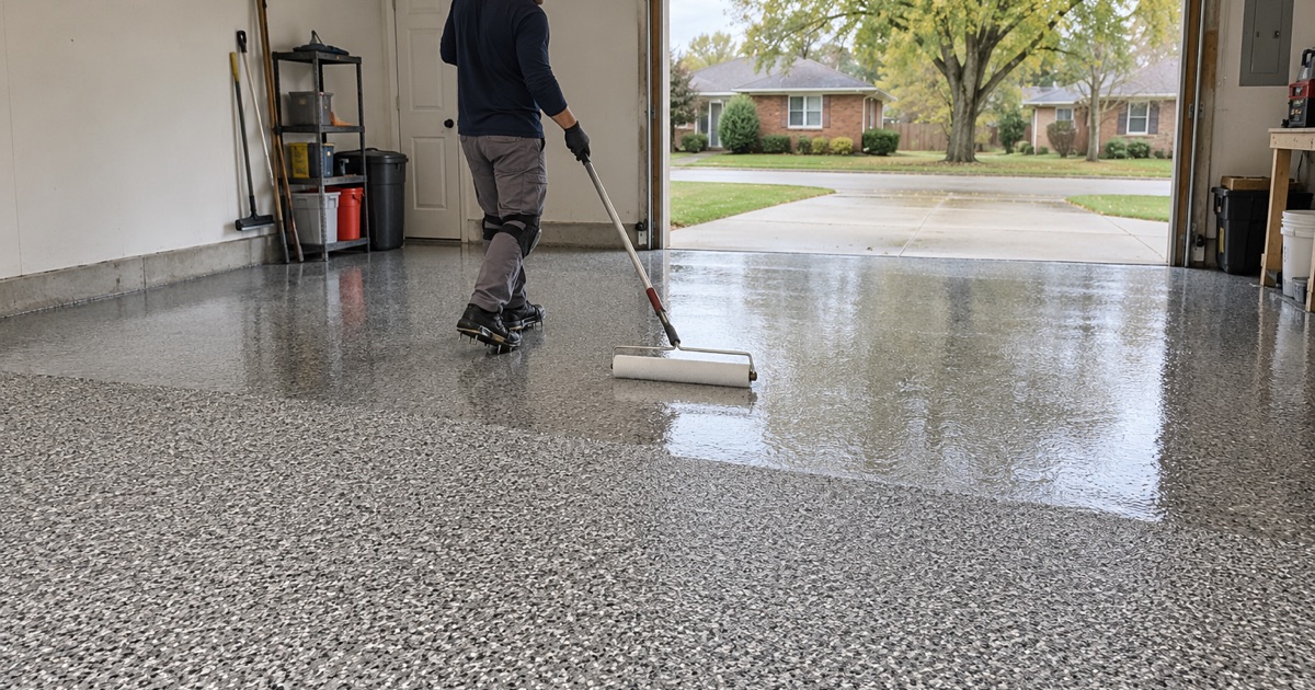 A clear topcoat being rolled over a scraped gray and black flake floor in a Moline ranch house garage, the worker in spiked shoes.