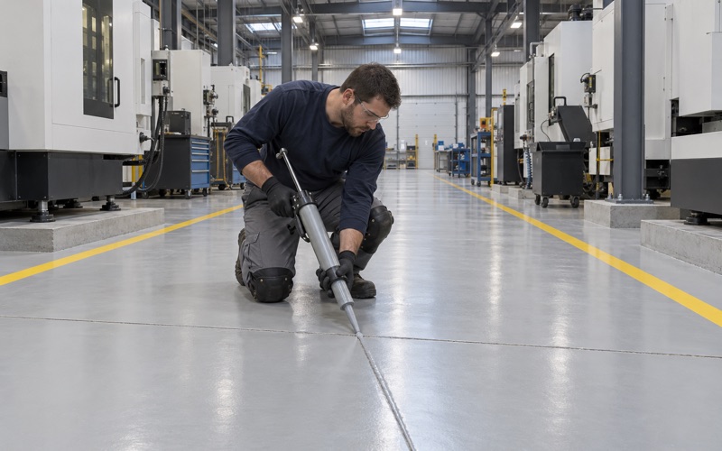 A gray joint filler bead drawn into a saw-cut joint across a high-build epoxy aisle in a Moline manufacturing plant.