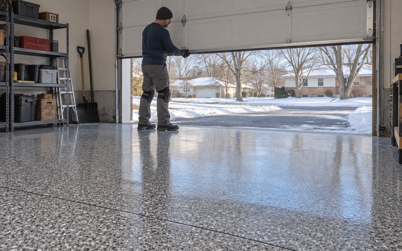 A garage door lowered over a same-day polyaspartic flake floor in a Moline split-level garage on a cold winter afternoon.