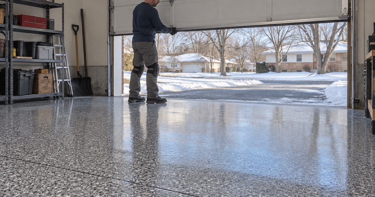 A garage door lowered over a same-day polyaspartic flake floor in a Moline split-level garage on a cold winter afternoon.